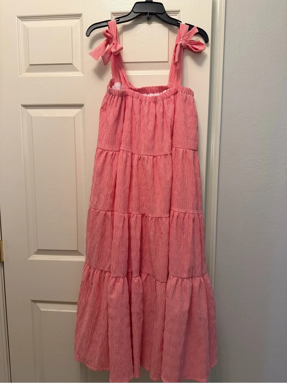 Pink Tiered Maxi Dress with Tie Shoulder Straps